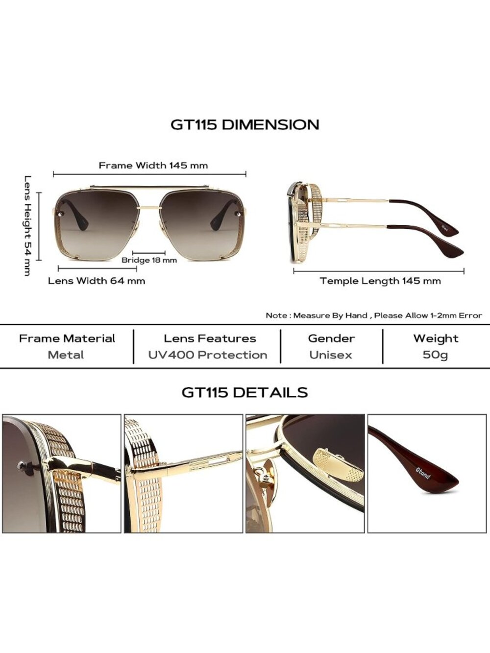 Men's Gold Frame Brown Lens  Vintage Metal Side Shield Steampunk Sunglasses 64mm - Picture 5 of 6
